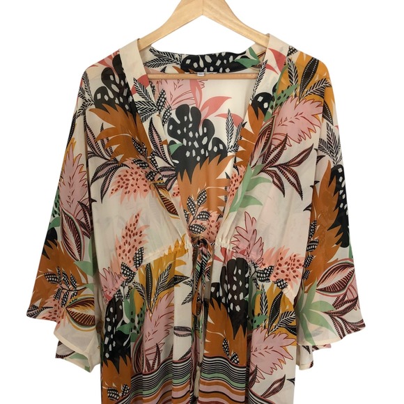 DR2 Floral Print Kimono Cardigan Size M/L Tie Front Coverup Tropical Boho Artsy - Picture 2 of 11